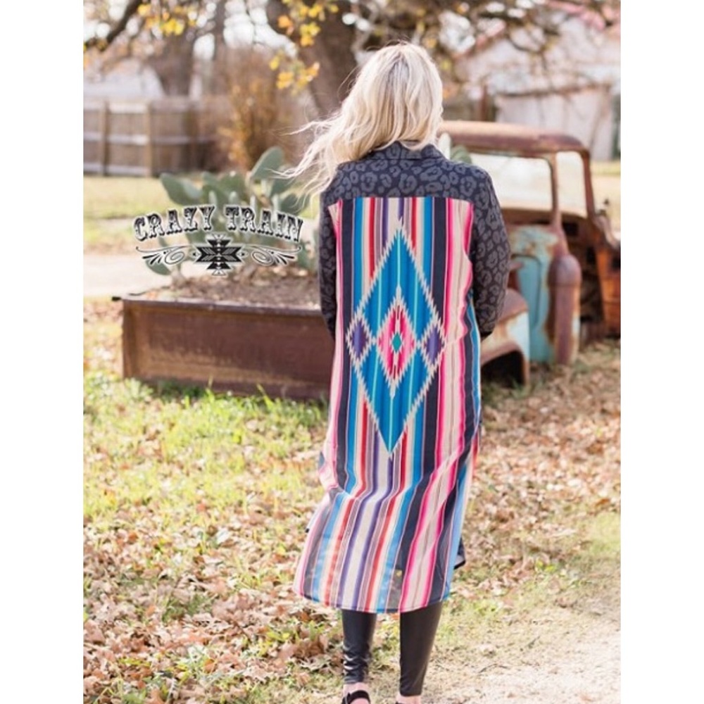 Crazy Train Maxi Button Down Aztec Blouse Leopard - Picture 6 of 10